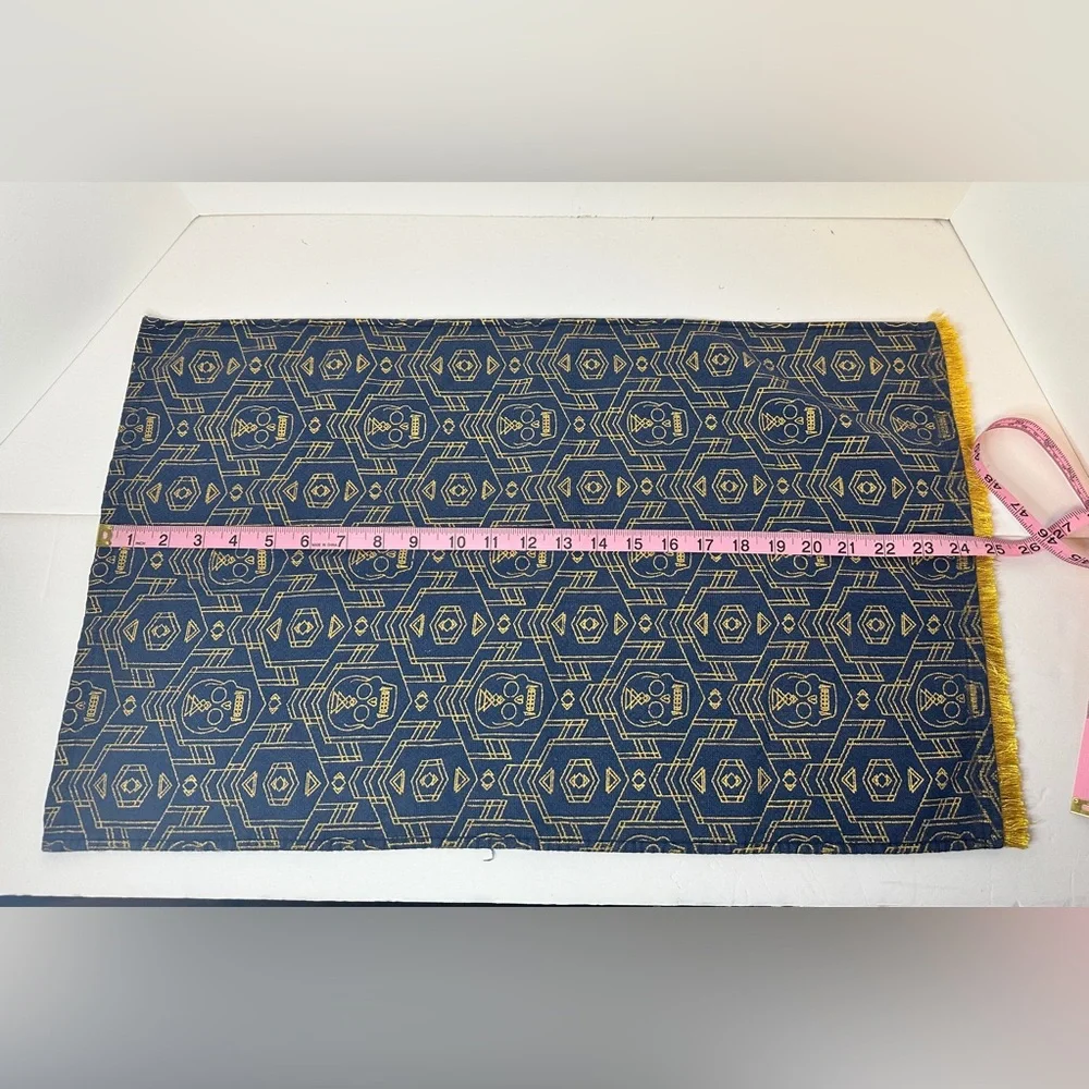 Joann Navy Blue and Gold Skull Aztec Print Mantle Scarf Decor With Gold Fringe
